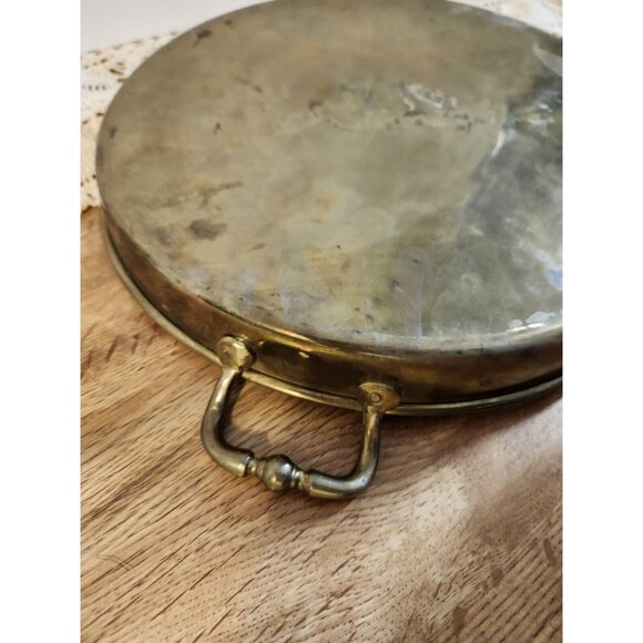 MCM Brass Handled Tray Faux Wood Laminate 11" Round Vintage - Picture 8 of 9